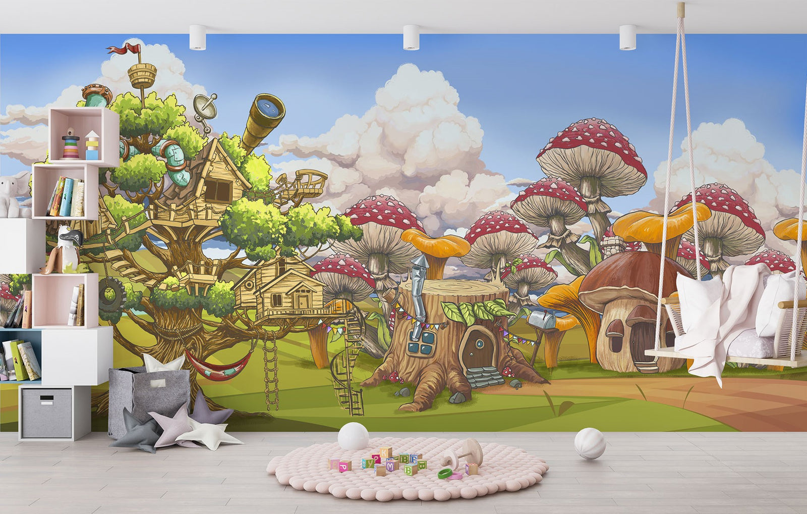 Fantasy wall mural featuring whimsical treehouses, oversized mushrooms, and fairy-tale cottages in a vibrant, enchanted forest setting for kids’ rooms.