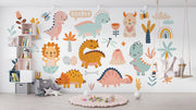 Cute pastel dinosaur mural featuring friendly dino characters, volcanoes, and nature elements for a fun and modern kids' room.