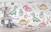 Watercolor dinosaur wall mural featuring pastel-colored dinos, dino eggs, and footprints for a fun nursery or kids' room.