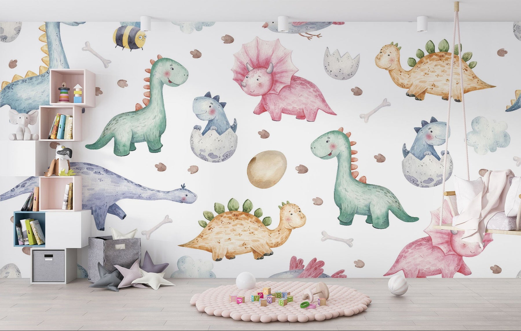 Watercolor dinosaur wall mural featuring pastel-colored dinos, dino eggs, and footprints for a fun nursery or kids' room.