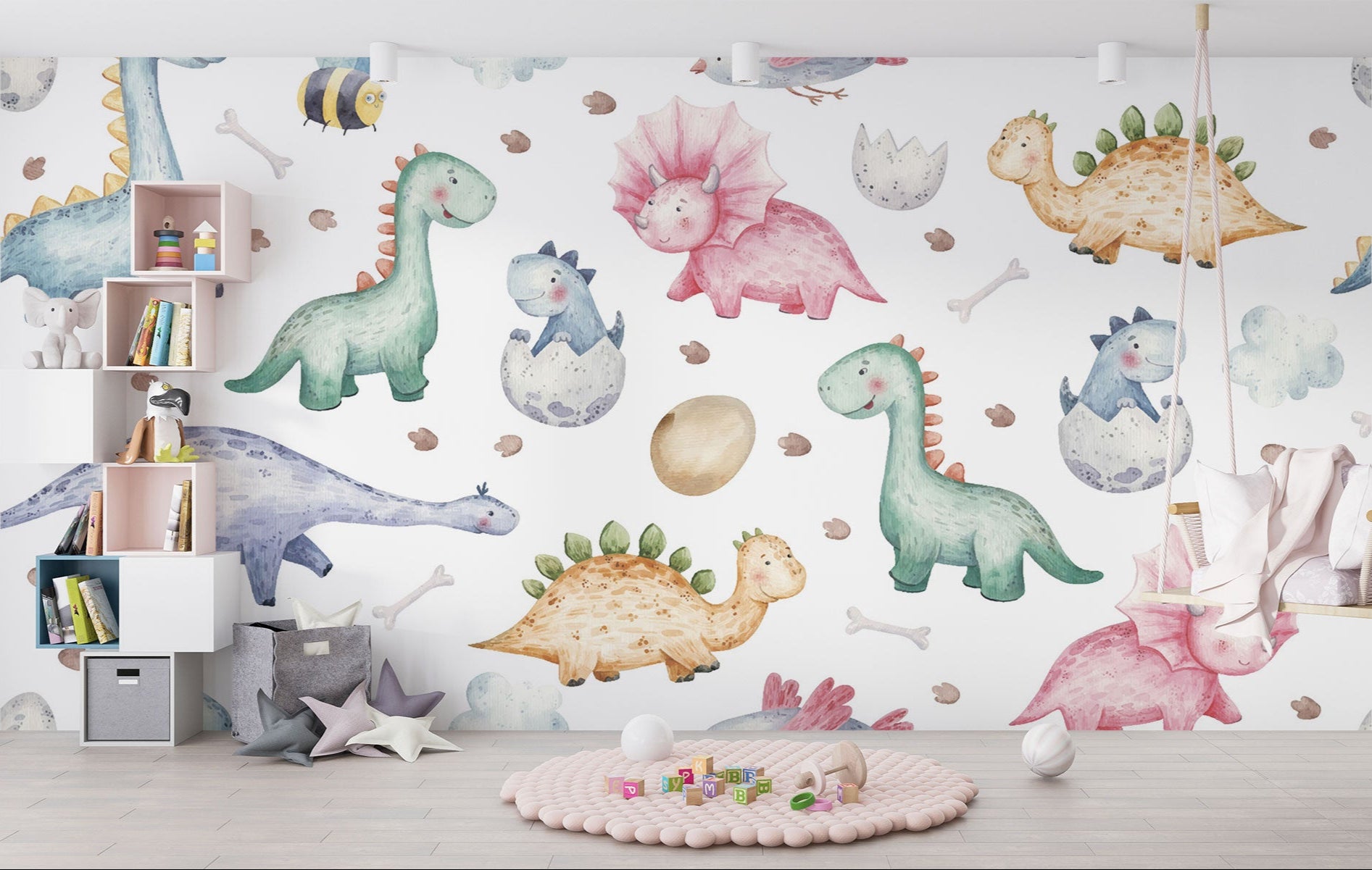 Watercolor dinosaur wall mural featuring pastel-colored dinos, dino eggs, and footprints for a fun nursery or kids' room.