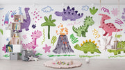 Bright and playful dinosaur doodle mural featuring colorful, crayon-style dinos, volcanoes, and prehistoric plants for a kids' room.