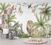 Safari Wildlife Wall Mural – Watercolor mural with lions, zebras, monkeys, and parrots in a tropical landscape, ideal for kids' rooms and nurseries.