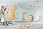 Illustrated woodland animal wall mural featuring a bear playing a drum, a bunny with marbles, a hedgehog with lights, and a mouse with maracas, surrounded by music notes and confetti – perfect for nurseries and kids’ rooms.
