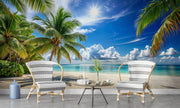 Tropical beach wall mural with palm trees, a sunny sky, turquoise ocean waters and white sandy beach, styled in living room.