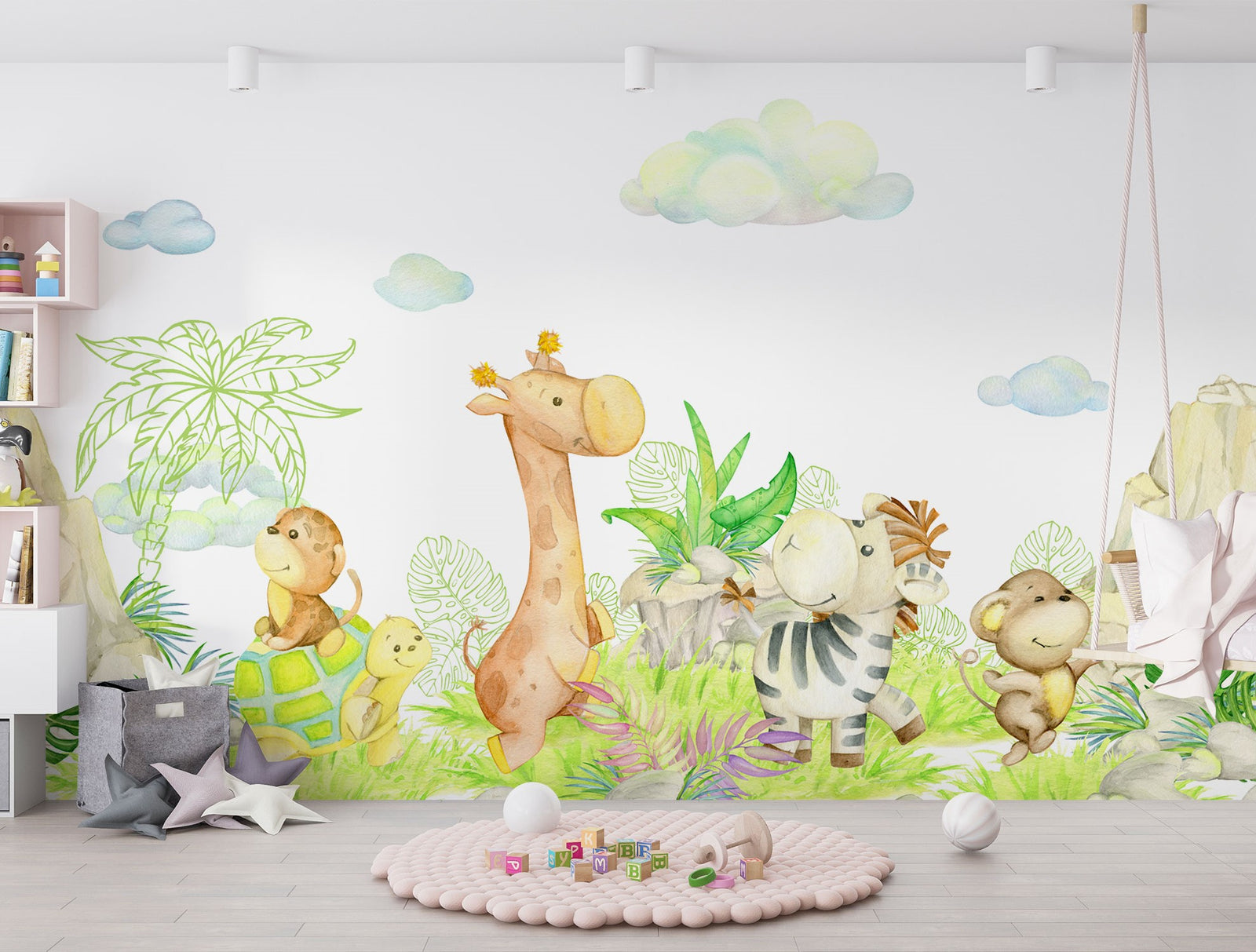 Safari Playground wall mural with watercolor giraffe, zebra, lion, and jungle leaves in a baby nursery or kid's  
playroom.

