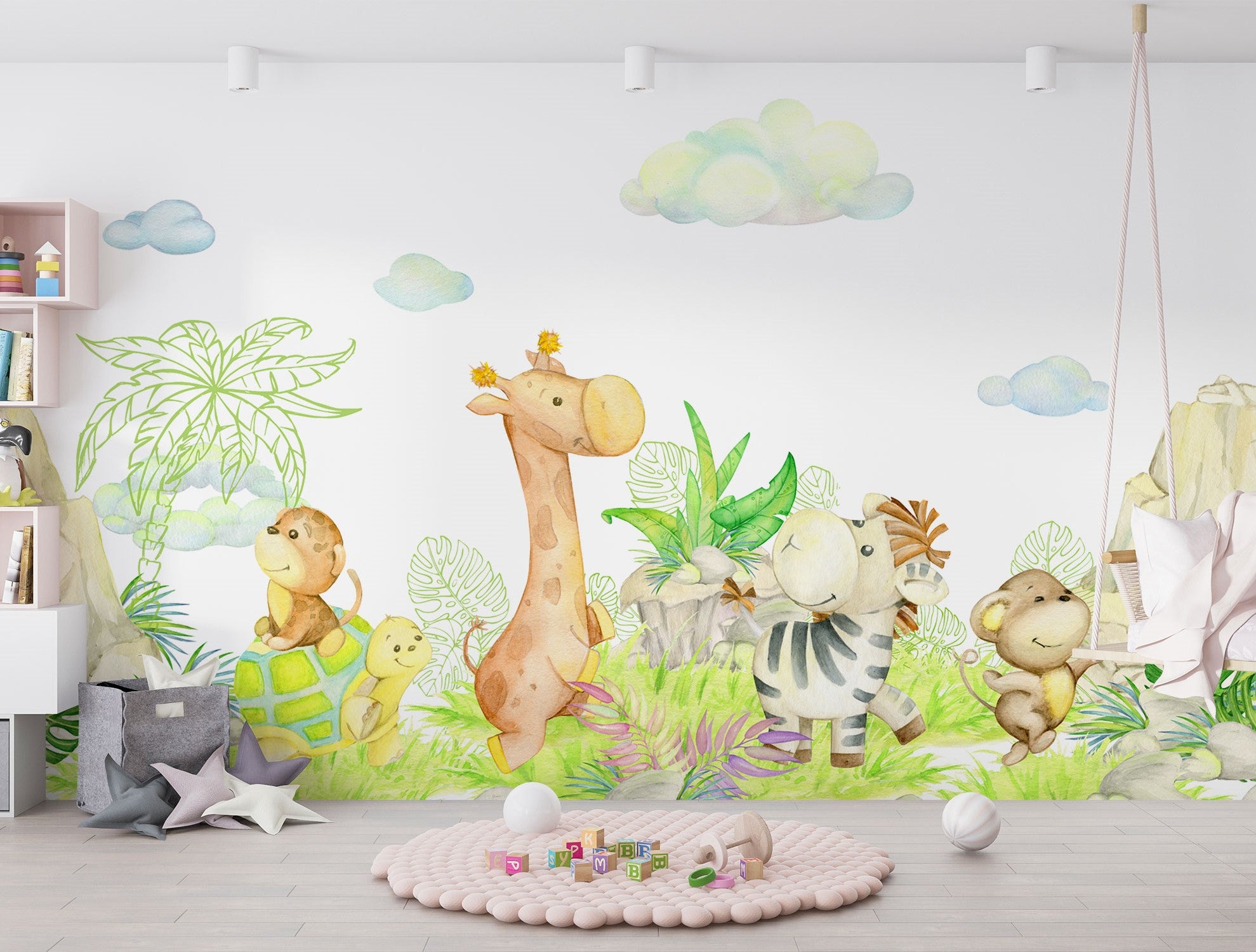 Safari Playground wall mural with watercolor giraffe, zebra, lion, and jungle leaves in a baby nursery or kid's  
playroom.

