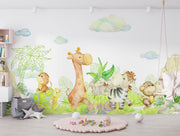 Safari Playground wall mural with watercolor giraffe, zebra, lion, and jungle leaves in a baby nursery or kid's  
playroom.

