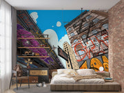 Urban cityscape wall mural with graffiti, comic-style illustration of skyscrapers and underpass, modern street art wallpaper for bedroom or living room decor.