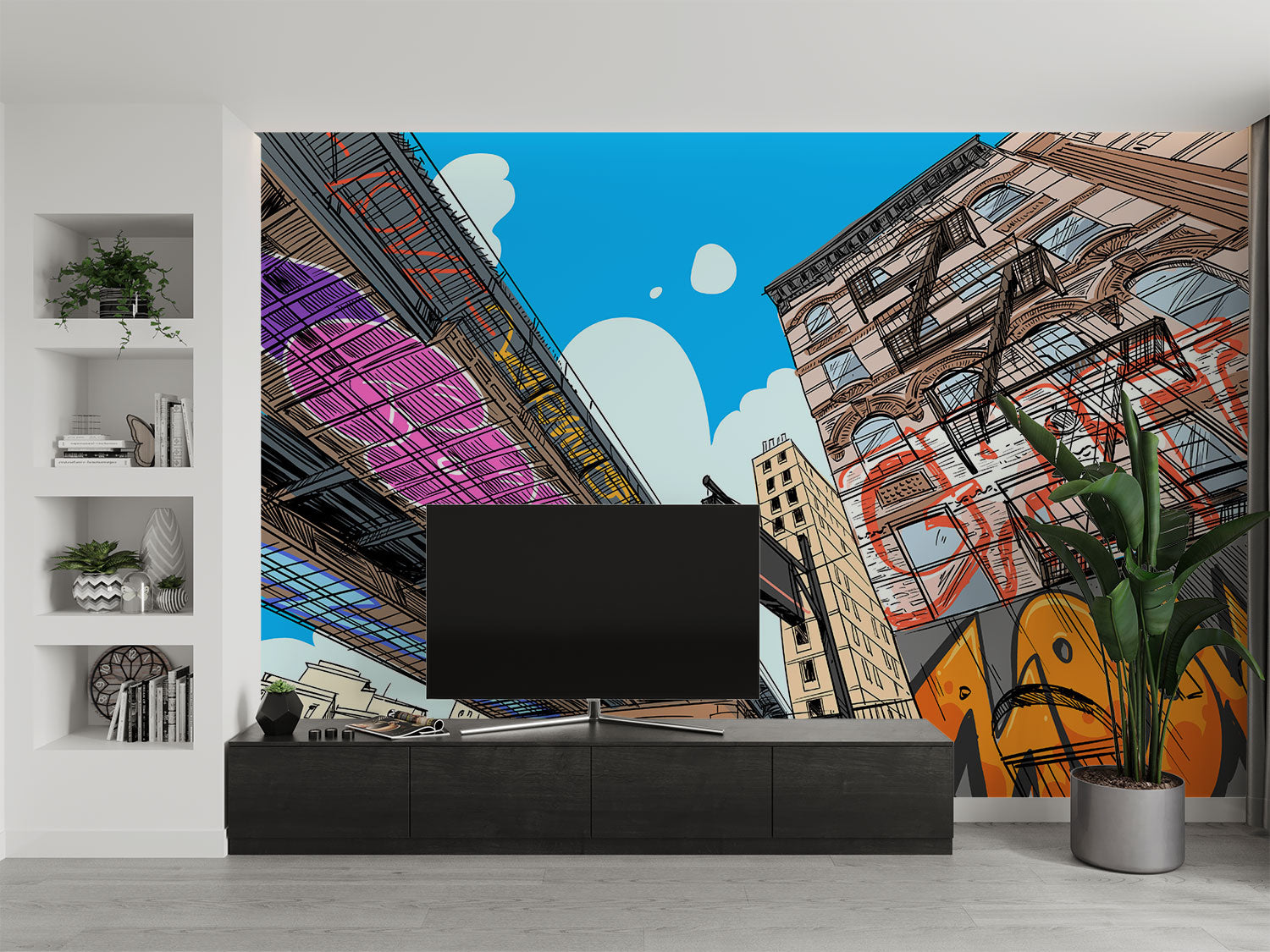 Urban cityscape wall mural with graffiti, comic-style illustration of skyscrapers and underpass, modern street art wallpaper for bedroom or living room decor.
