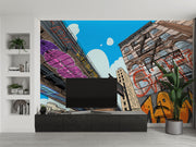 Urban cityscape wall mural with graffiti, comic-style illustration of skyscrapers and underpass, modern street art wallpaper for bedroom or living room decor.