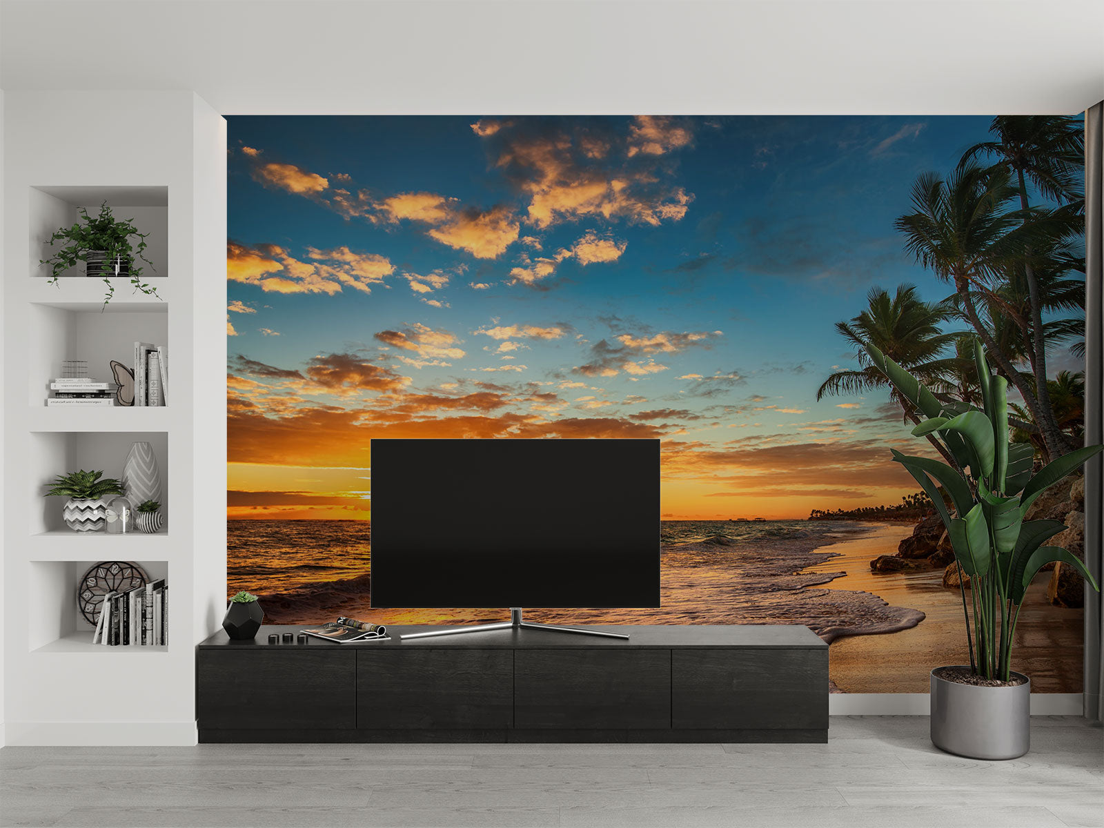 Golden sunset wall mural with palm trees, vibrant sky, and tranquil ocean waves, creating a relaxing and coastal living room ambiance.