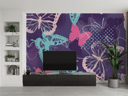 Butterfly wall mural featuring teal, pink, and purple butterfly designs on a textured dark purple background, perfect for adding elegance to bedrooms or creative spaces.