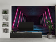 Futuristic Neon Tunnel Wall Mural – 3D Cyberpunk-Inspired Wallpaper with Pink Neon Lights, Geometric Paneling, and Sci-Fi Aesthetic for Gaming and Modern Interiors.