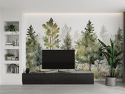 Watercolor forest wall mural with soft green pine trees and a misty effect, creating a peaceful and artistic woodland-inspired space.
