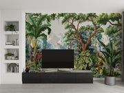 Lush jungle wall mural featuring a mystical forest landscape with dense greenery, exotic plants, and a serene pathway.