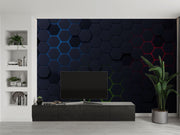 Futuristic Hexagonal Grid Wall Mural – 3D LED-Inspired Honeycomb Wallpaper with RGB Lighting Effects in Blue, Green, and Red for Gaming and Modern Interiors.