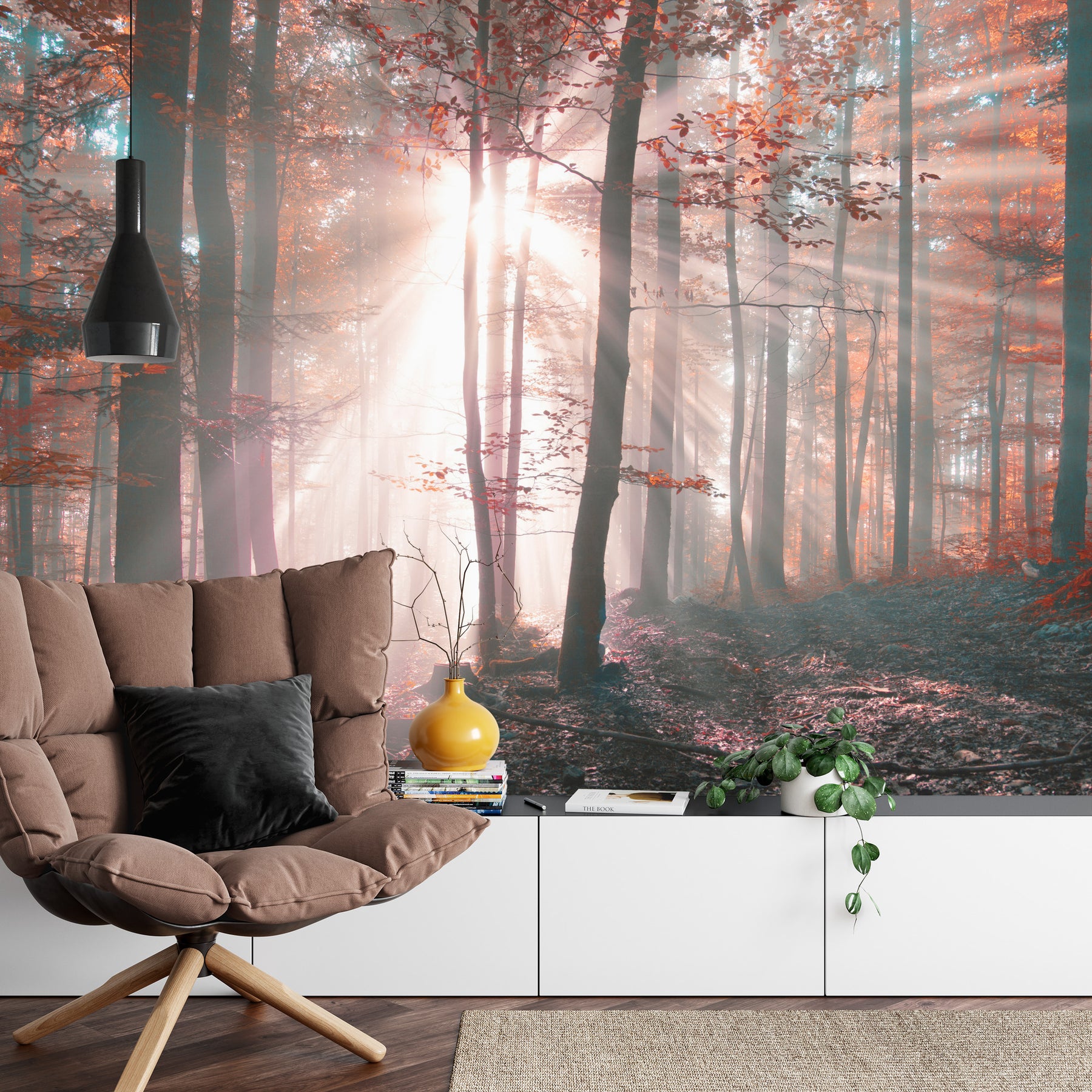 Forest autumn sunset wall mural image 0