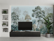 Hand-painted forest landscape wall mural with soft greens and layered trees, creating a tranquil and elegant nature-inspired interior.