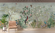 Hand-painted wall mural with exotic birds, lush green foliage, and delicate floral details, creating a tropical-inspired and sophisticated interior décor.