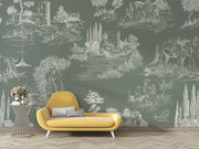 Timeless Toile Wall Mural featuring intricate pastoral illustrations on a muted green background, creating a vintage and elegant ambiance.