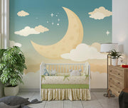 Pastel moon and clouds wall mural with twinkling stars, perfect for nurseries and kids' rooms.