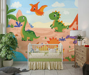 Playful cartoon dinosaur wall mural featuring friendly dinosaurs, a prehistoric landscape, volcanoes, and palm trees in bright, colorful tones for kid's rooms.