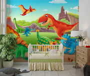 Cartoon dinosaur wall mural featuring a roaring T-Rex, playful dinosaurs, and a bright prehistoric landscape, perfect for kid's bedrooms and playrooms.