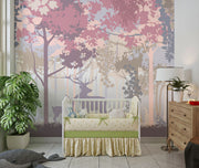 Deer and woodland silhouette mural with soft pastel trees, creating a peaceful forest scene for kids’ rooms and nurseries.