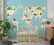 Dinosaur world map wall mural featuring illustrated dinosaurs on different continents, set against a blue background, perfect for kid's rooms and playrooms.