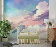 Watercolor cloud wall mural in soft pastel hues of pink, blue, and lavender, creating a dreamy sky effect for kids' rooms and nurseries.