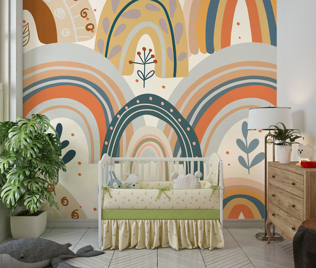 Boho-style kids wall mural with hand-drawn earthy rainbows, abstract florals, and neutral tones in a modern nursery.