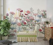 Botanical wall mural with colorful wildflowers in pastel and earthy tones, creating a fresh and inviting atmosphere.