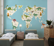 Dinosaur world map wall mural featuring illustrated dinosaurs on different continents, set against a blue background, perfect for kid's rooms and playrooms.