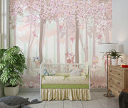Fairy Forest Wall Mural with whimsical fairies, unicorns, cherry blossoms, and woodland scenery, perfect for a magical-themed children's room.