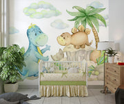 Cute dinosaur wall mural with watercolor-style dinosaurs, tropical plants, and soft pastel clouds, perfect for nurseries, kids' bedrooms, and playrooms.