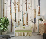 Forest trees wall mural featuring hand-drawn birch trees with colorful birds and leaves, ideal for nursery or baby room decor.