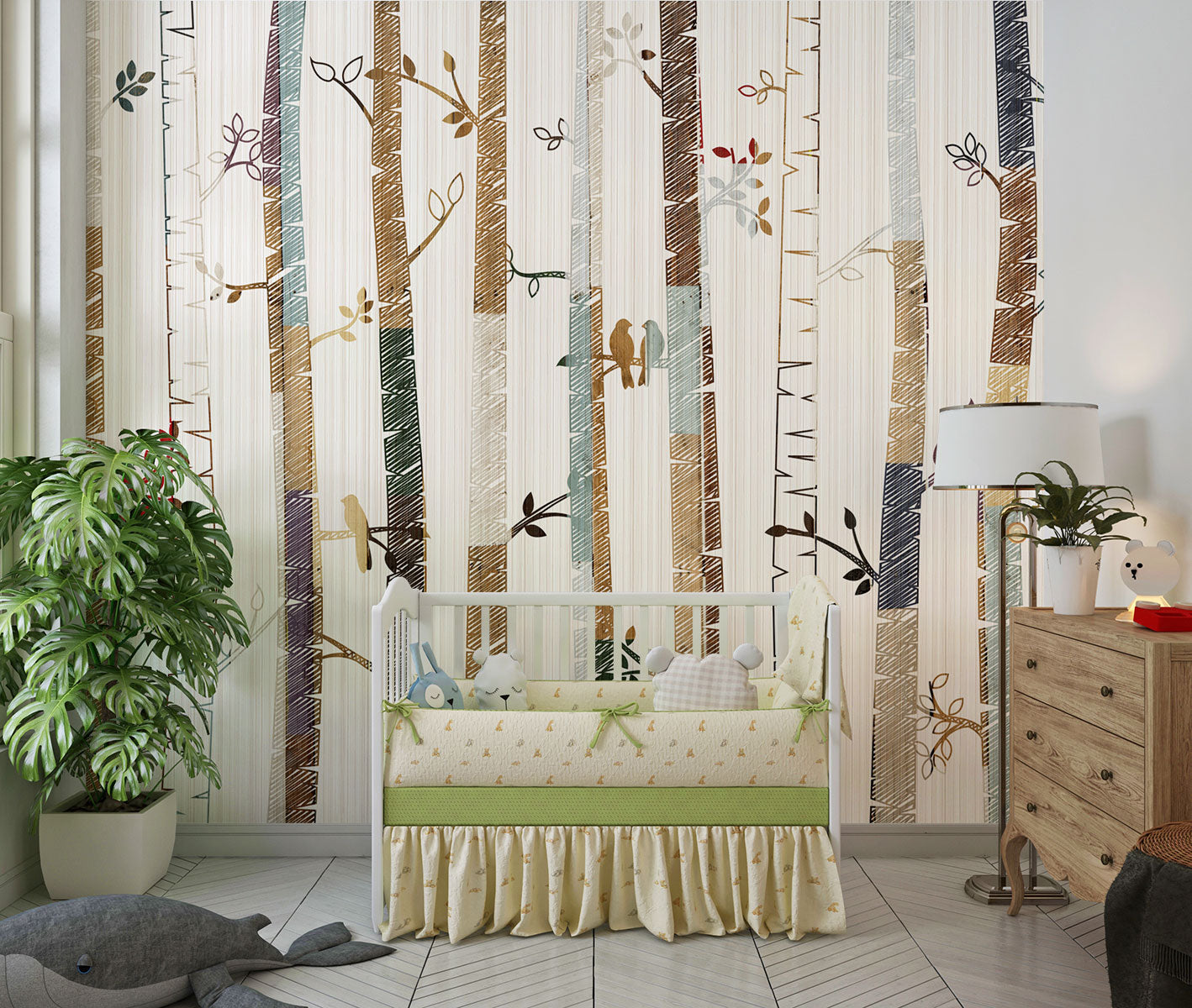 Forest trees wall mural featuring hand-drawn birch trees with colorful birds and leaves, ideal for nursery or baby room decor.