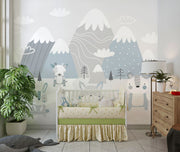 Scandinavian-style nursery wall mural featuring snowy mountains, foxes, rabbits, and a bear in soft pastel tones. Perfect for a cozy and modern kids’ room or baby nursery.