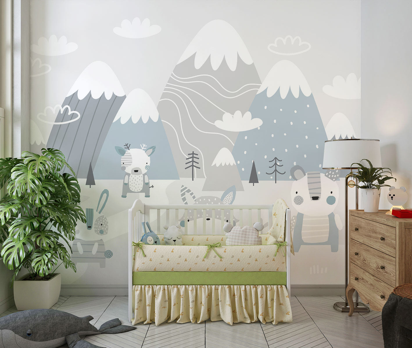 Scandinavian-style nursery wall mural featuring snowy mountains, foxes, rabbits, and a bear in soft pastel tones. Perfect for a cozy and modern kids’ room or baby nursery.