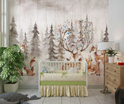 Enchanted meadow nursery wall mural with watercolor forest animals.