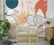 Nursery room with crib and indoor plant beside a large-scale line drawing floral mural in soft tones.
