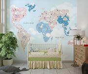 Pastel dinosaur world map wall mural featuring adorable prehistoric creatures, soft blue and pink tones and a whimsical design; perfect for kid's rooms and nurseries.