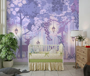 Enchanted forest wall mural with a mystical woodland scene, featuring a silhouetted deer, soft purple hues, glowing lanterns, and delicate foliage – ideal for kids’ rooms and elegant nature-inspired decor.