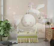 Whimsical Unicorn and Moon Wall Mural with flying unicorns, a smiling moon, pink stars, and fluffy clouds. Perfect fantasy decor for children's rooms.