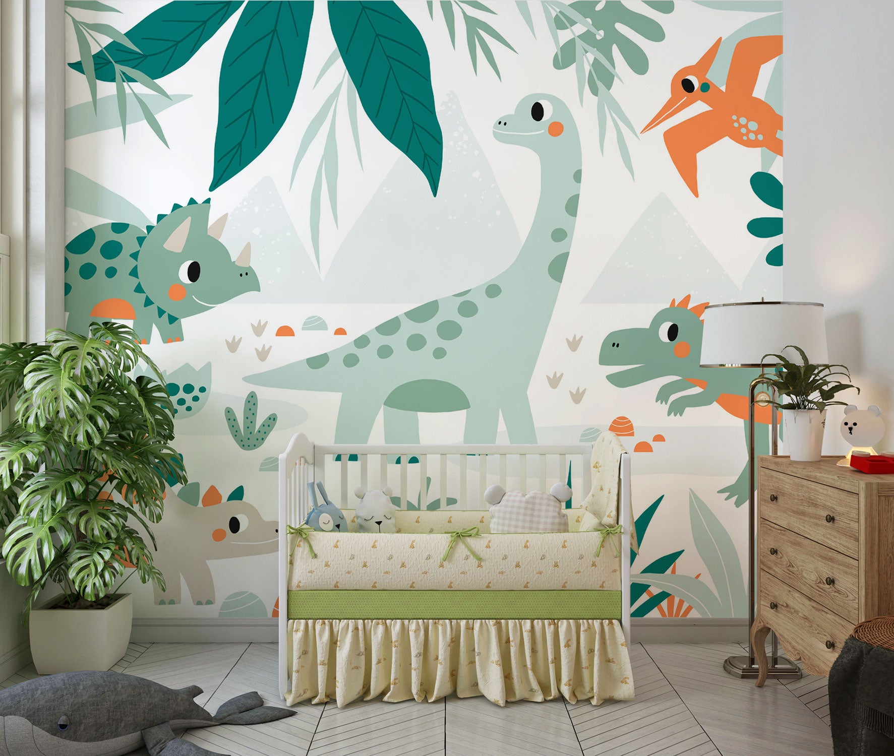 Kids’ bedroom wall mural featuring cute dinosaurs like triceratops, sauropod, and pterodactyls in a soft leafy landscape design.
