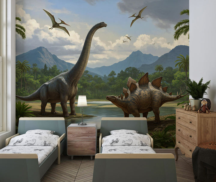Realistic dinosaur wall mural featuring a Brachiosaurus, Stegosaurus, lush jungle landscape, towering palm trees, and flying pterosaurs in a prehistoric setting.