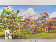 Fantasy wall mural featuring whimsical treehouses, oversized mushrooms, and fairy-tale cottages in a vibrant, enchanted forest setting for kids’ rooms.
