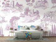 Toile de Jouy wall mural with delicate French countryside scenes in classic vintage style.