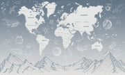 Modern gray world map wall mural with space elements.